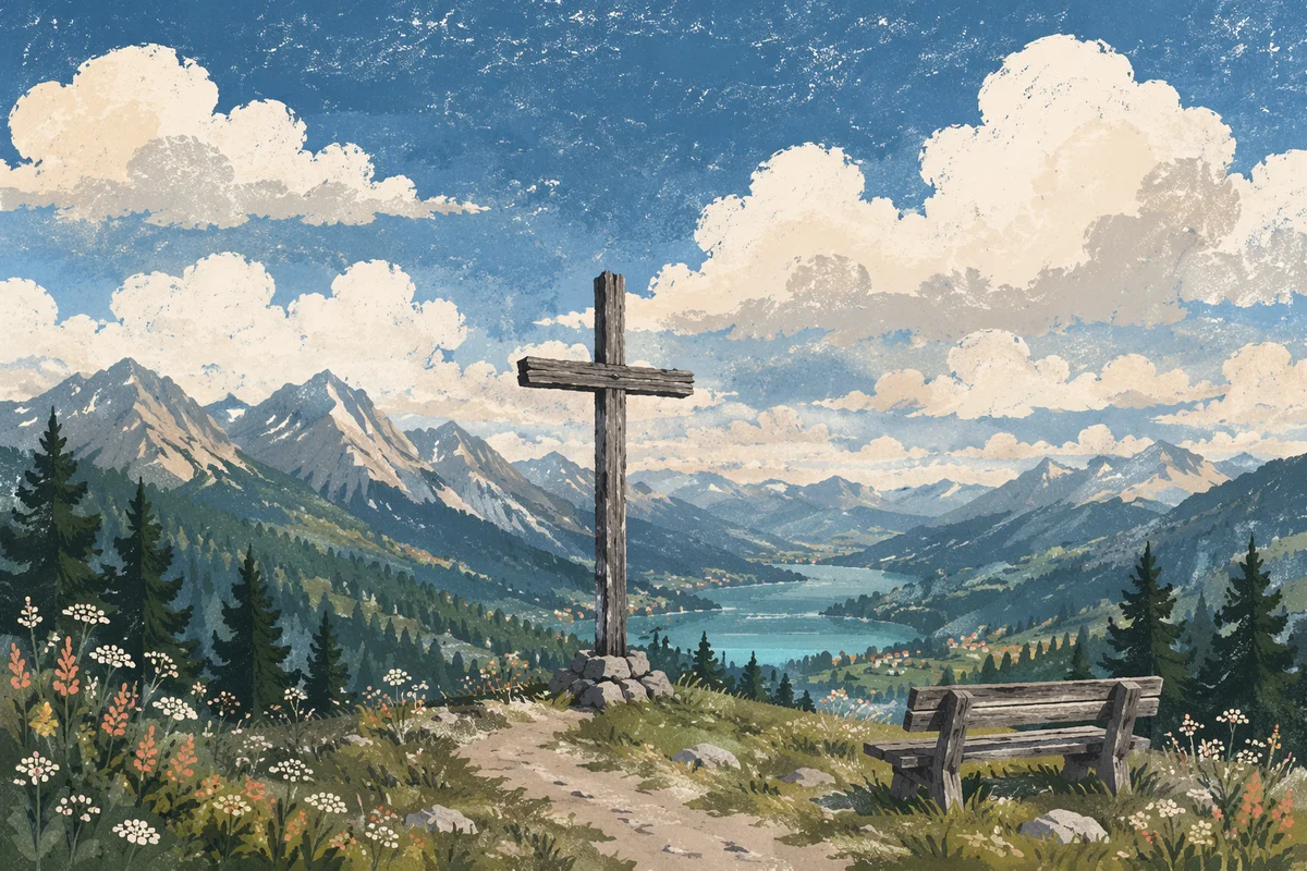 Wooden Cross on Alpine Hilltop