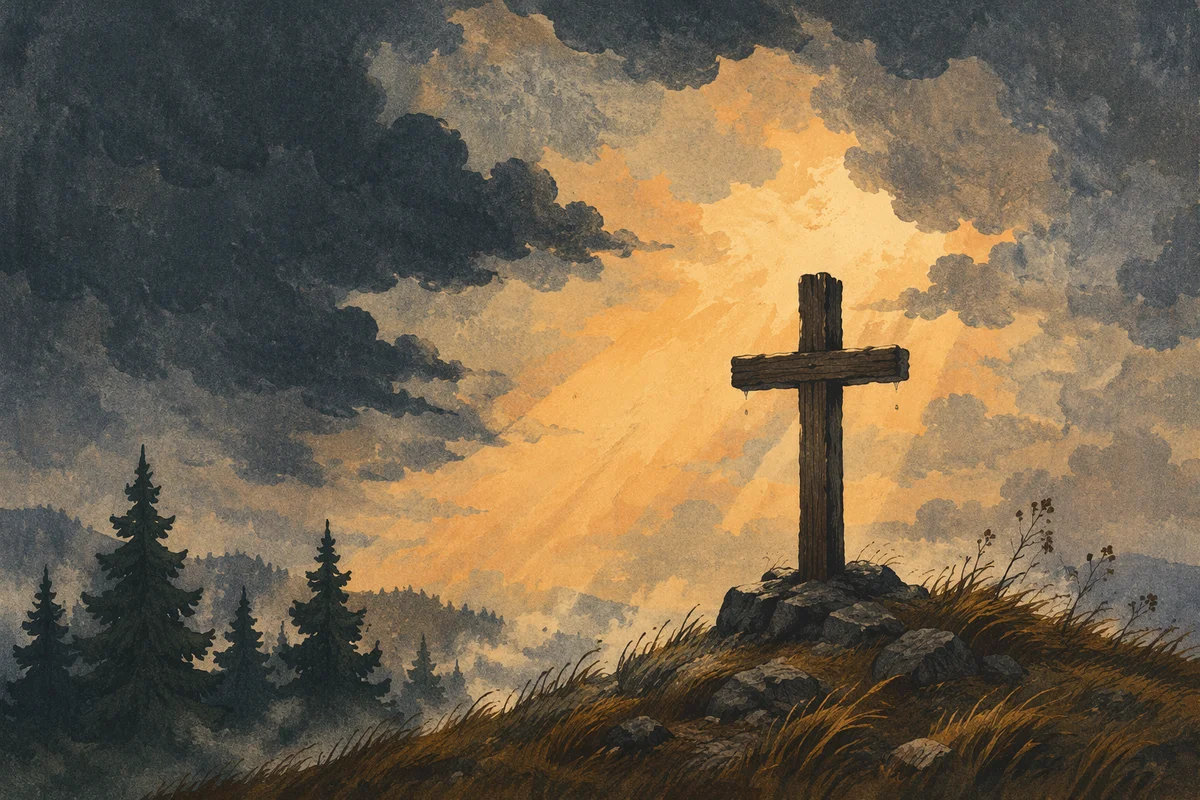 Wooden Cross on Hilltop After Storm