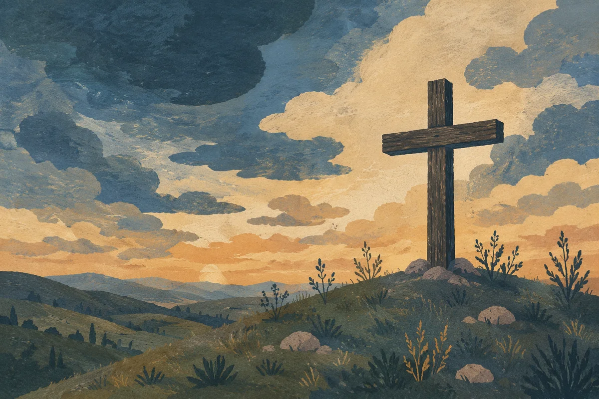 Weathered Wooden Cross Beneath Dramatic Evening Sky
