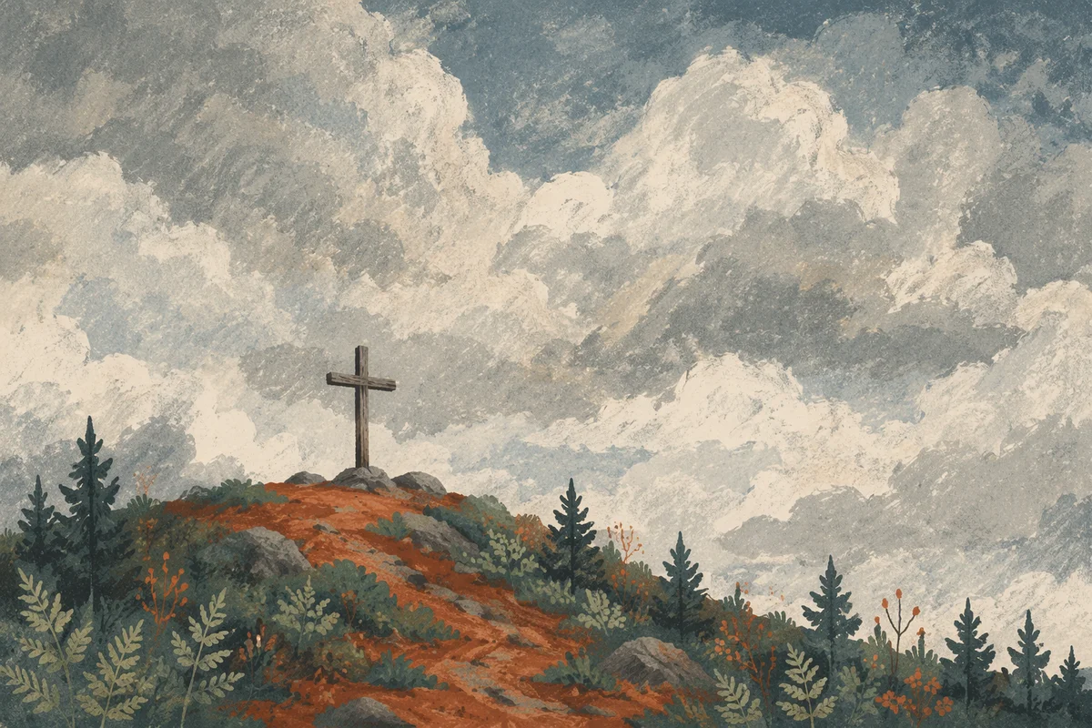 Wooden Cross on Hilltop Under Dramatic Sky