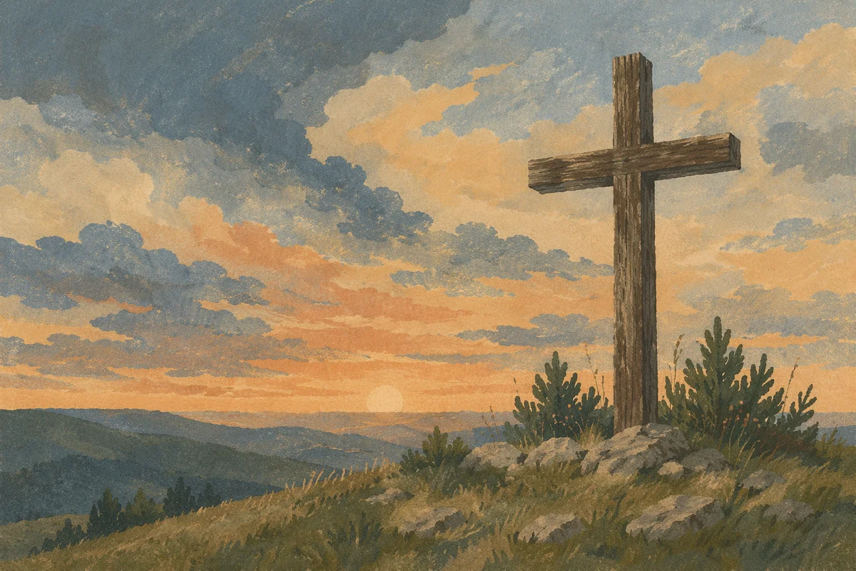 Weathered Cross on Evergreen Hill at Dusk