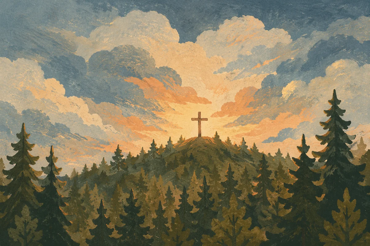 Wooden Cross on Evergreen Hilltop