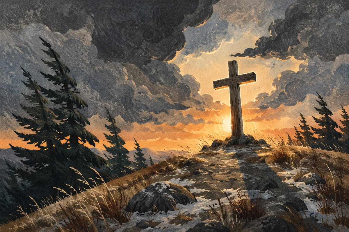 Weathered Cross on Evergreen Hilltop