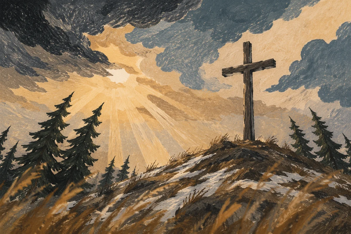 Wooden Cross on Windswept Evergreen Hilltop