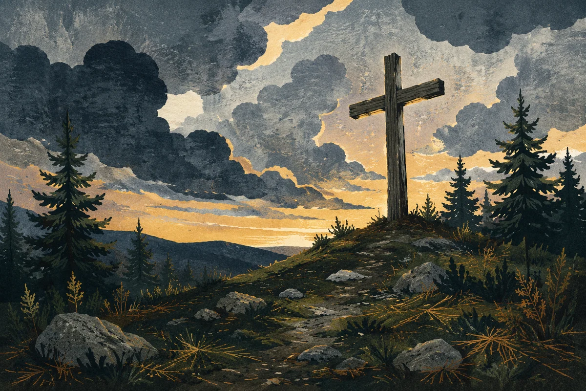 Wooden Cross on Evergreen Hilltop at Sunset