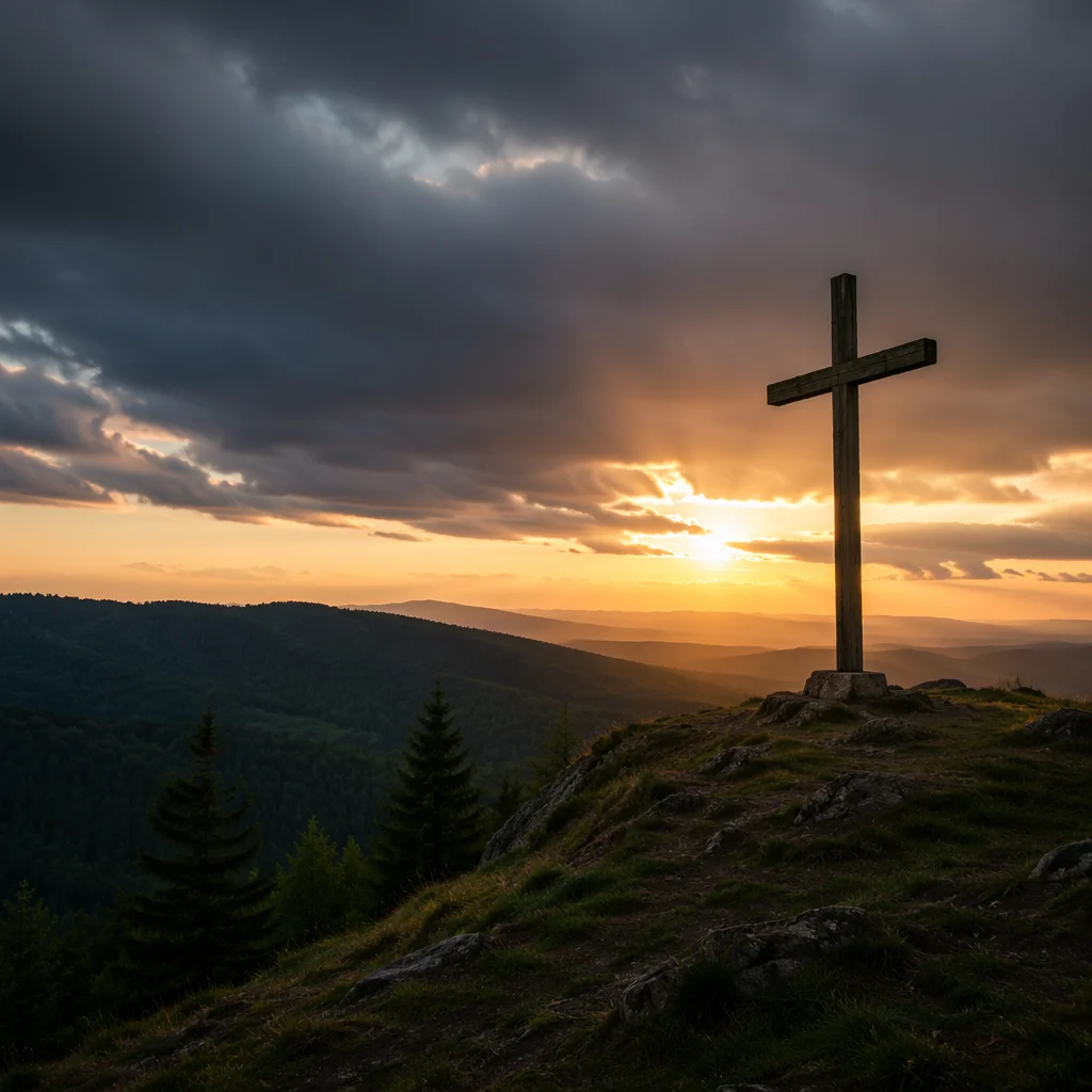 Wooden Cross on Evergreen Hill at Sunset