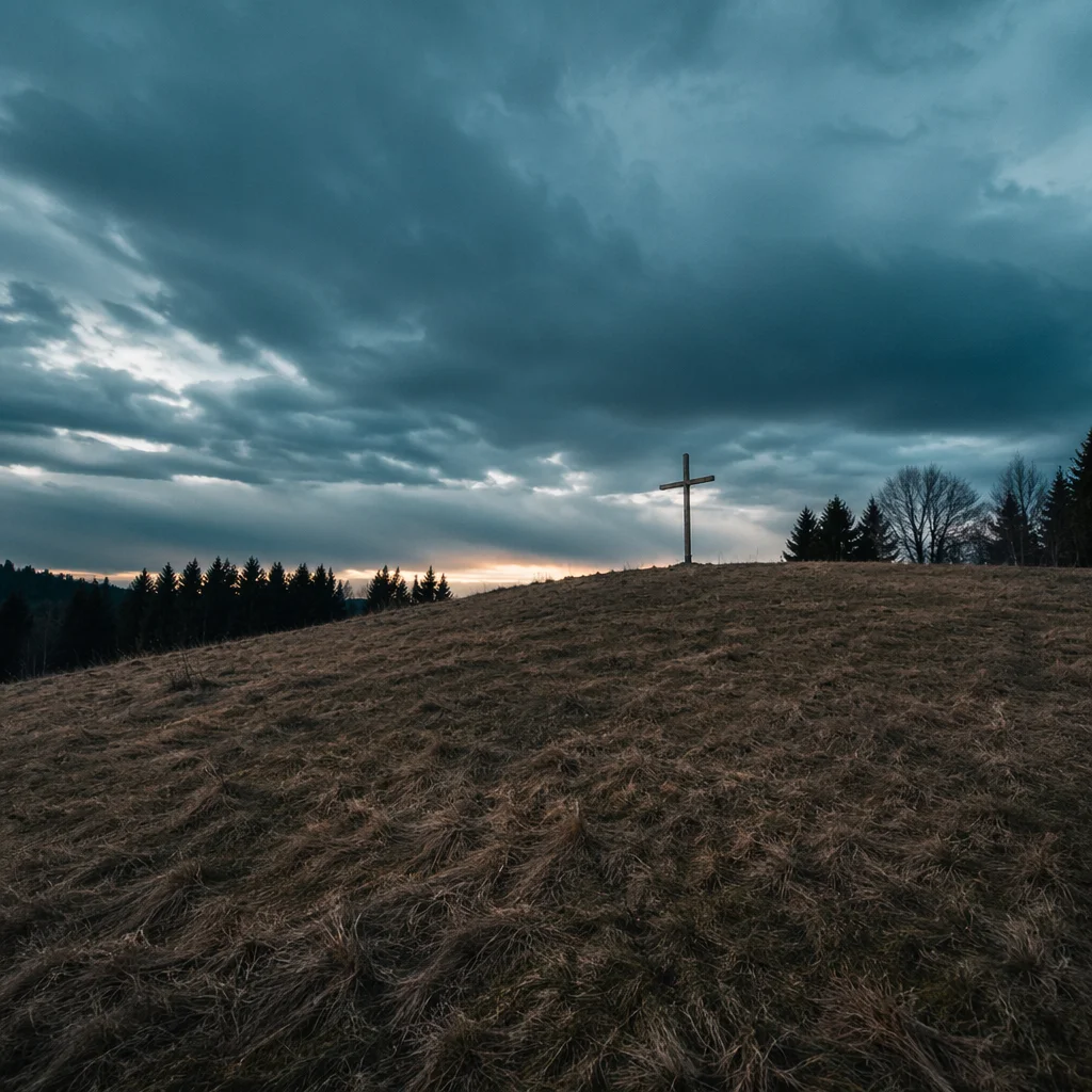 Wooden Cross on Hill Beneath Stormy Sky
