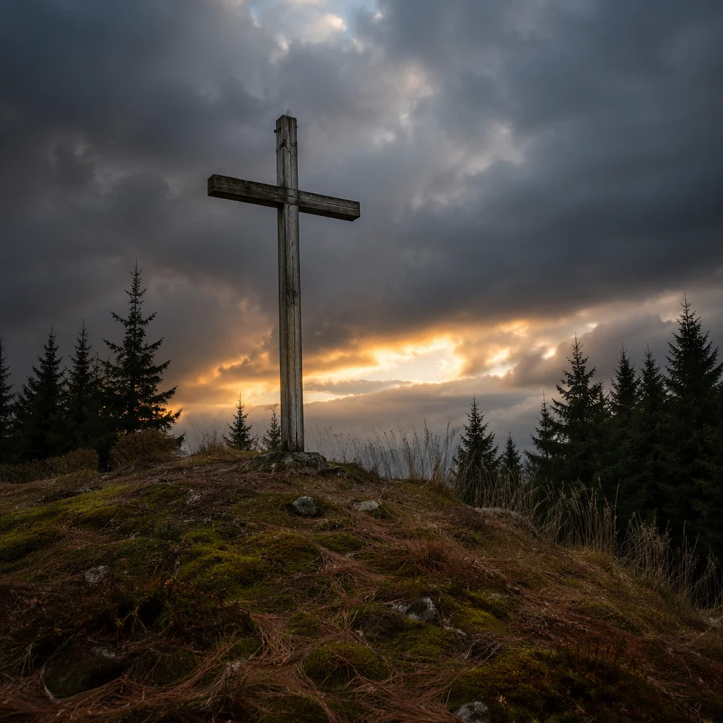 Weathered Wooden Cross Beneath Stormy Evergreen Sky