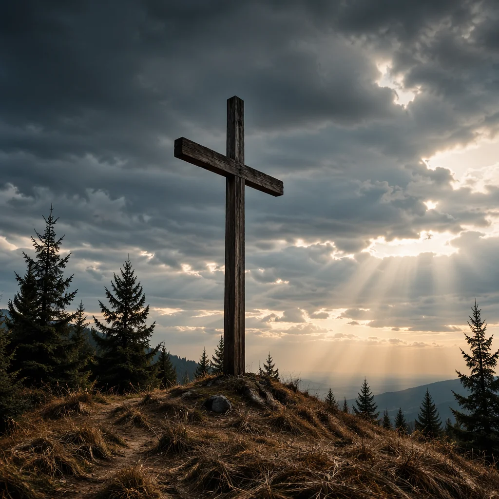 Weathered Wooden Cross Beneath Dramatic Evergreen Sky