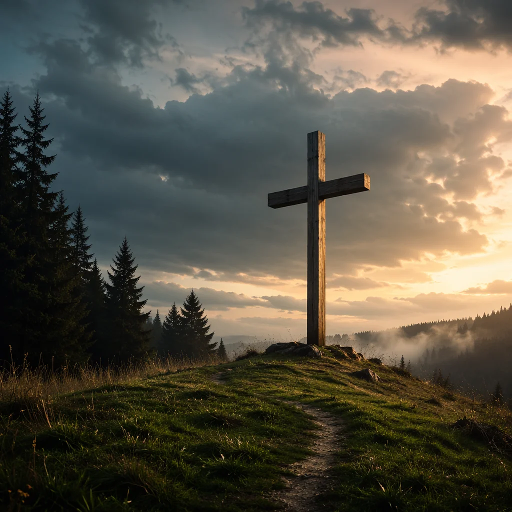 Wooden Cross on Evergreen Hilltop