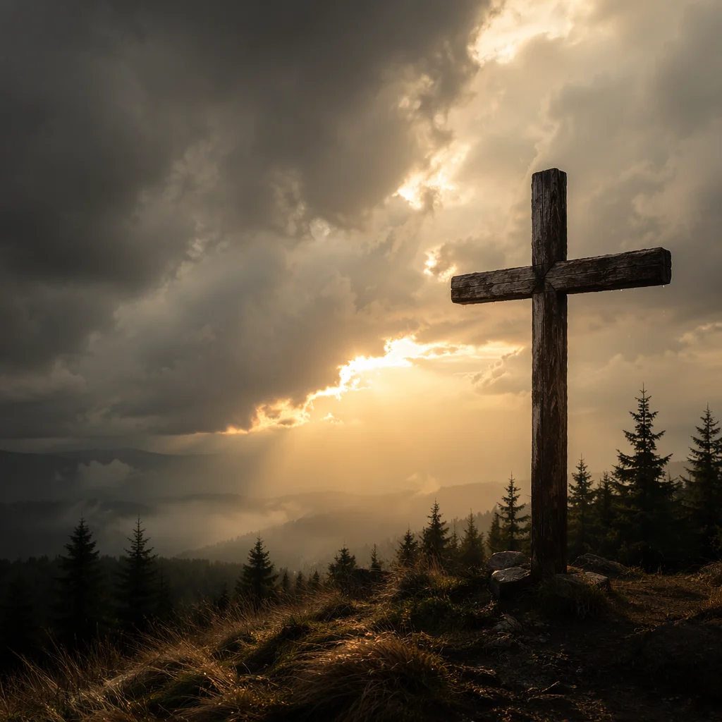 Wooden Cross on Hilltop After Storm