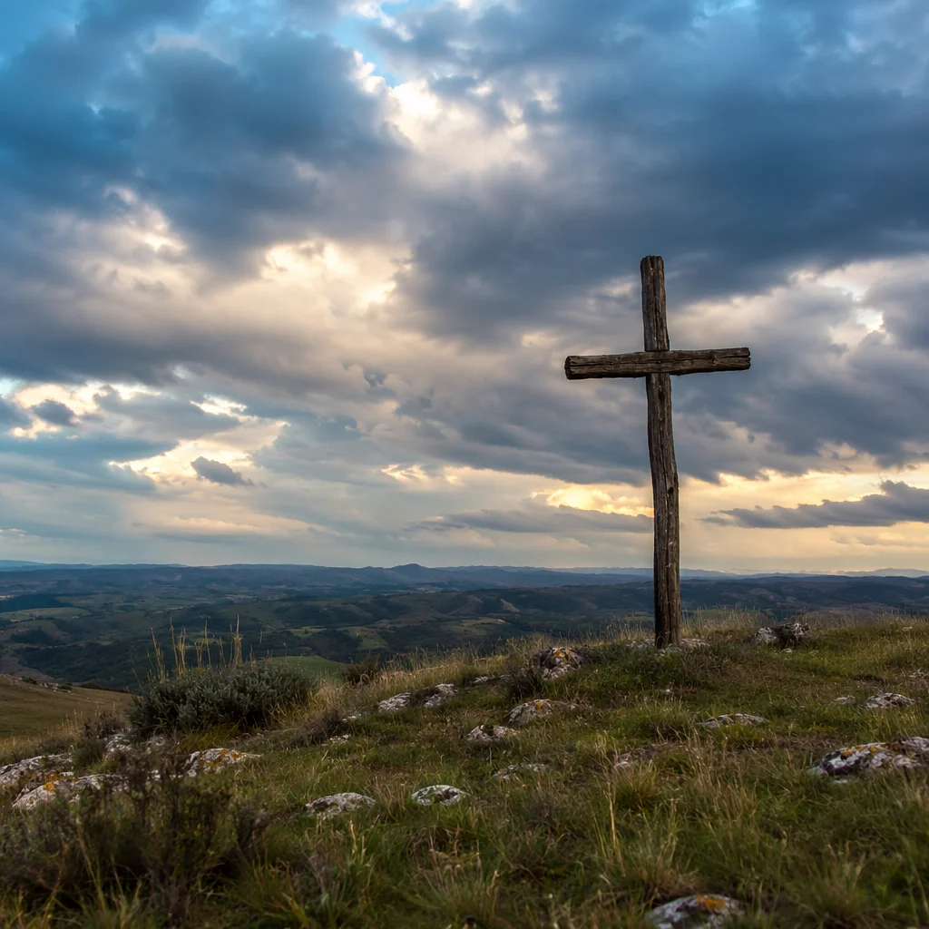Weathered Wooden Cross Beneath Dramatic Evening Sky