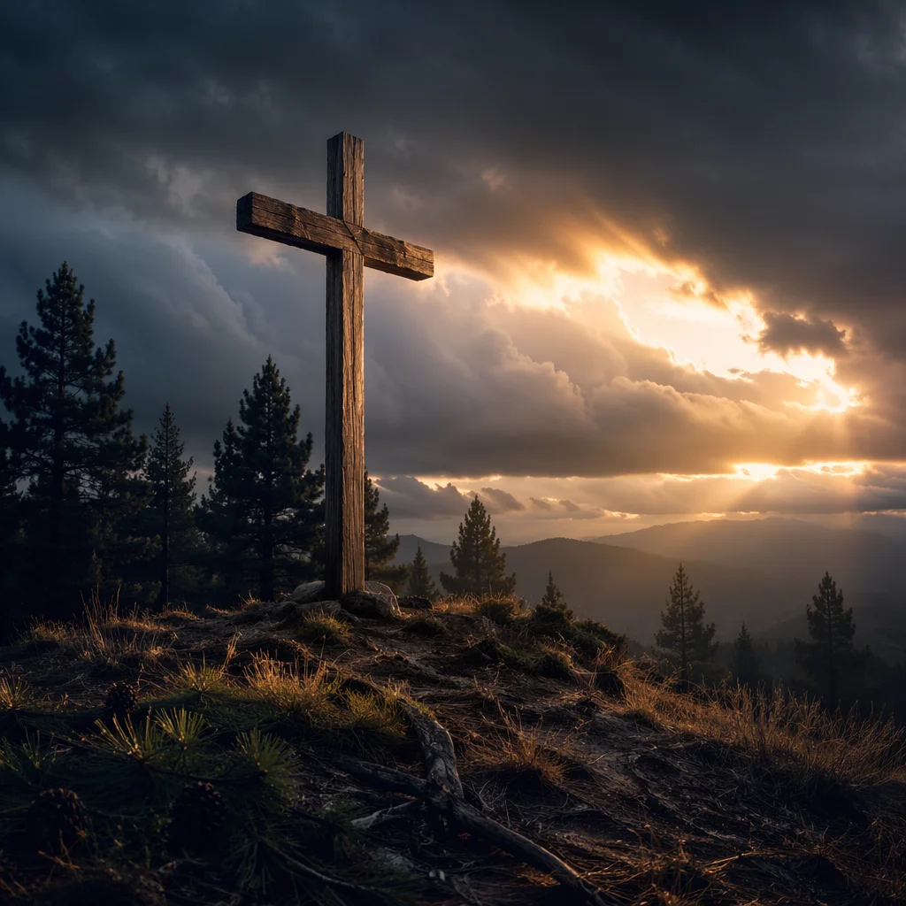 Wooden Cross on Evergreen Hilltop at Sunrise