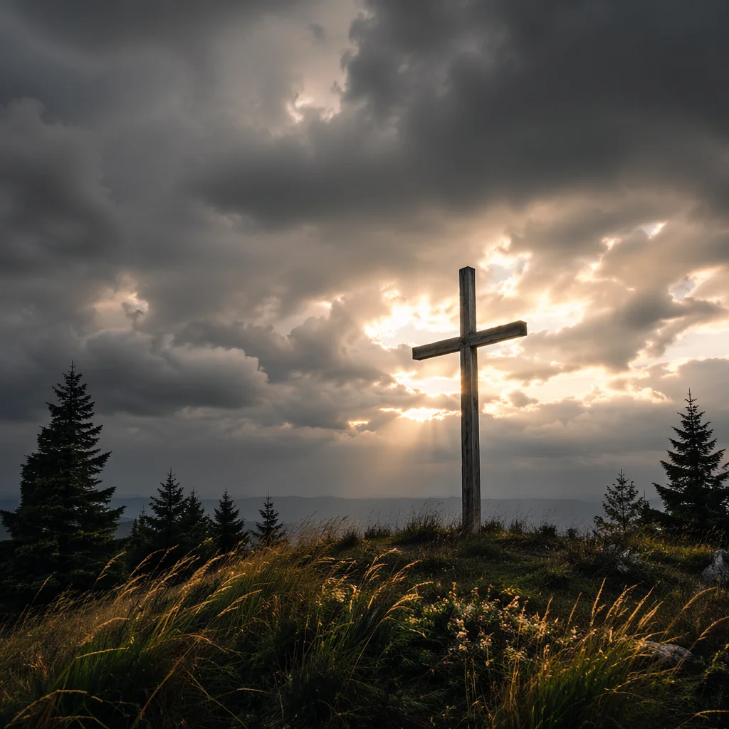 Weathered Cross on Evergreen Hilltop Sky