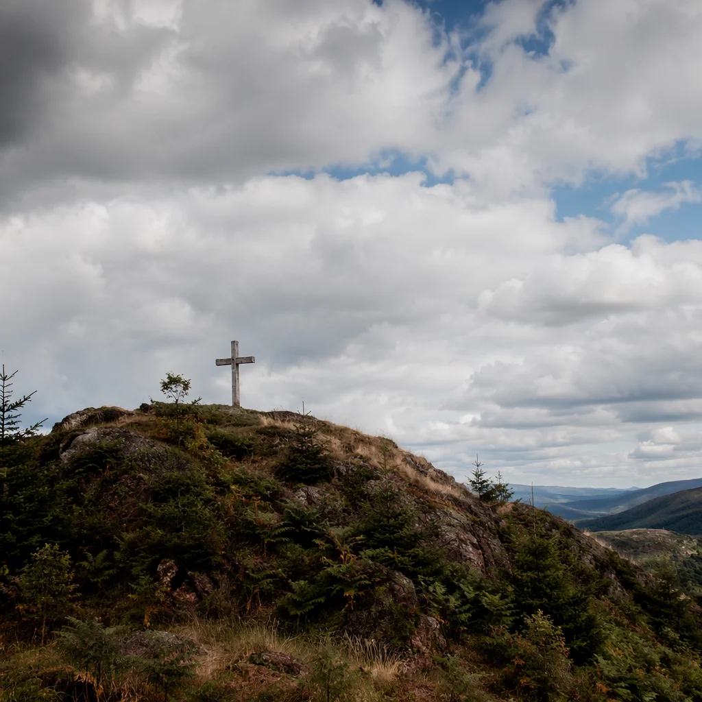 Wooden Cross on Hilltop Under Dramatic Sky