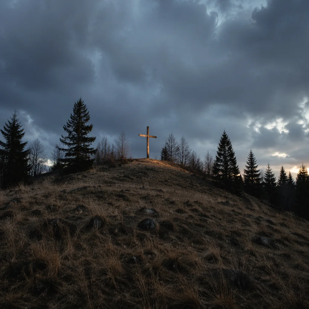 Wooden Cross on Hilltop Under Storm Clouds