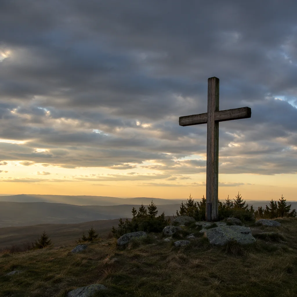 Wooden Cross on Hilltop Under Dramatic Sky