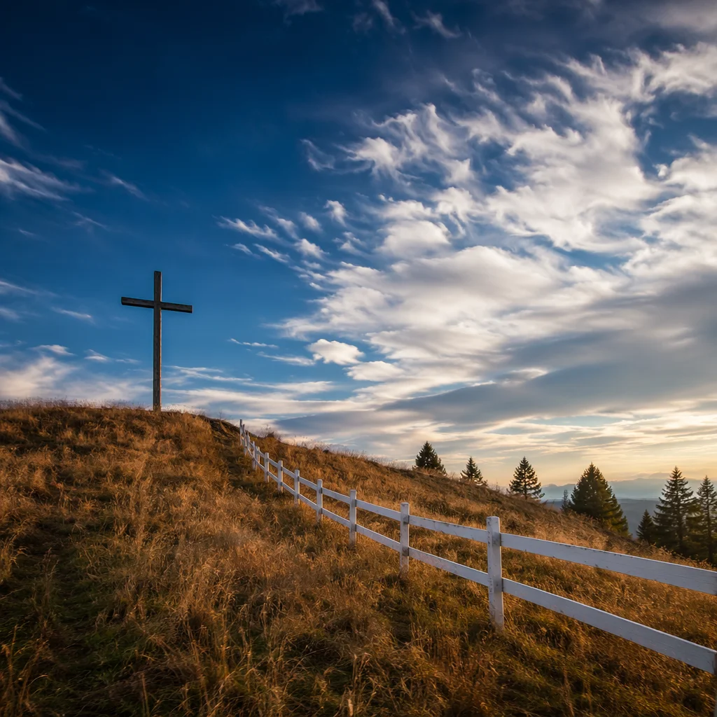Wooden Cross on Hilltop Under Dramatic Sky