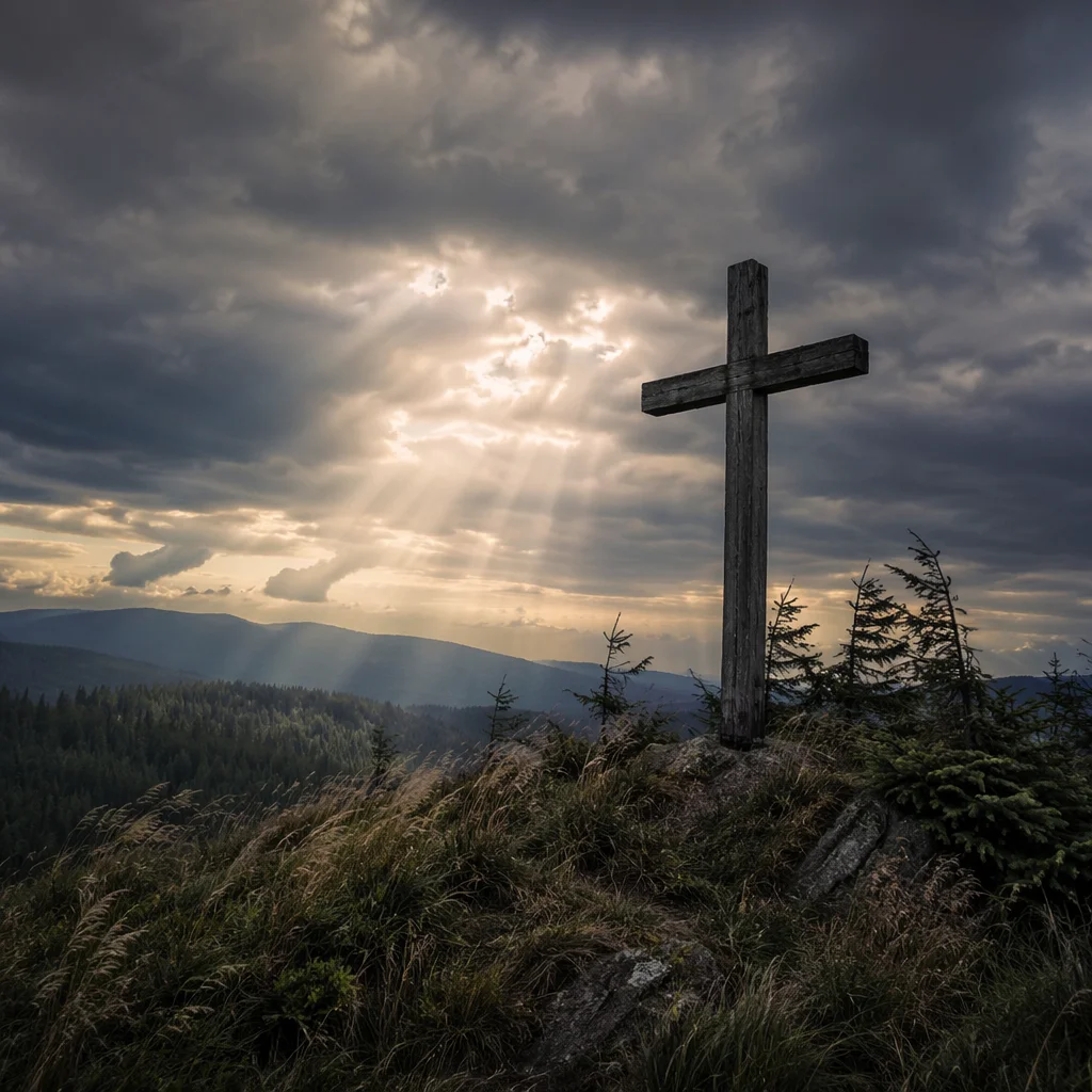 Wooden Cross on Hilltop Under Stormy Sky