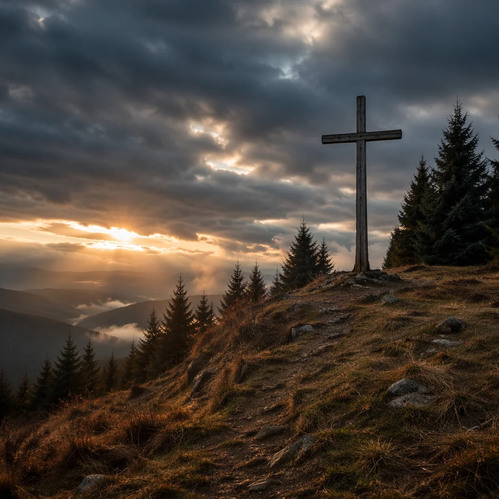 Wooden Cross on Evergreen Hilltop