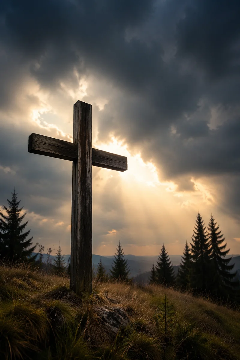 Weathered Wooden Cross Beneath Dramatic Evergreen Sky