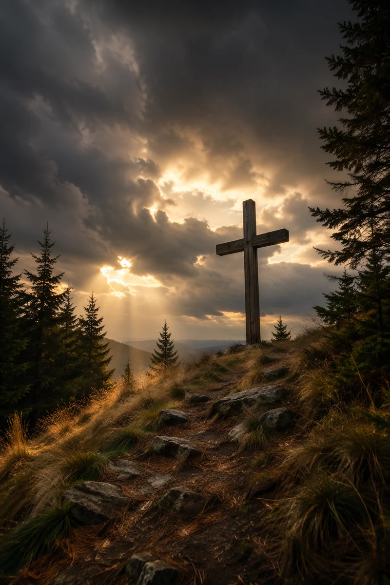 Weathered Cross on Evergreen Hilltop