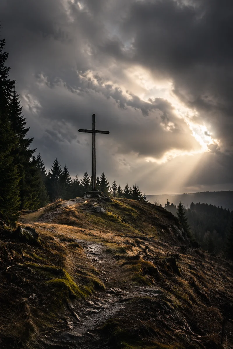 Weathered Cross Beneath Dramatic Evergreen Sky