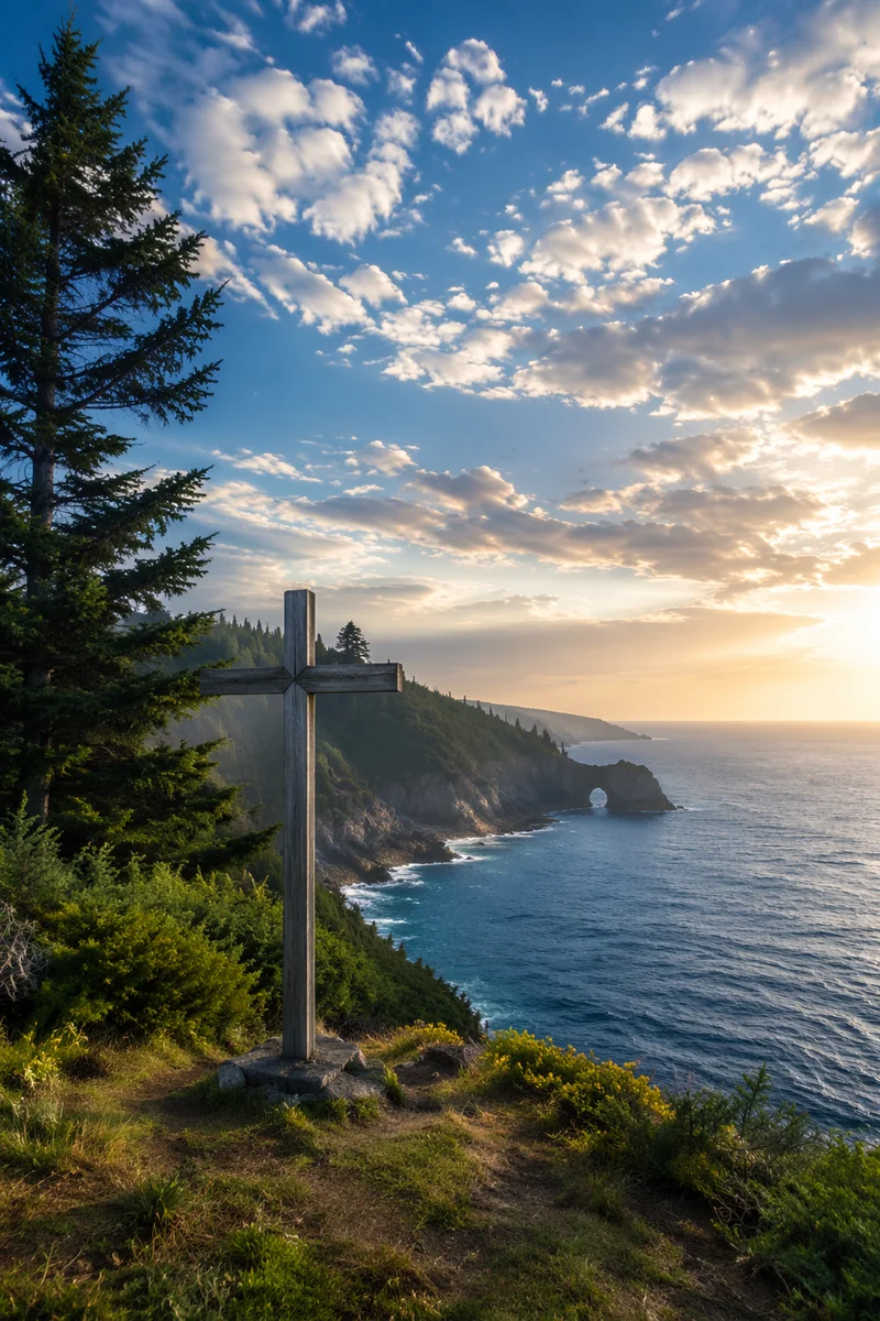 Weathered Wooden Cross on Dramatic Coastal Hill