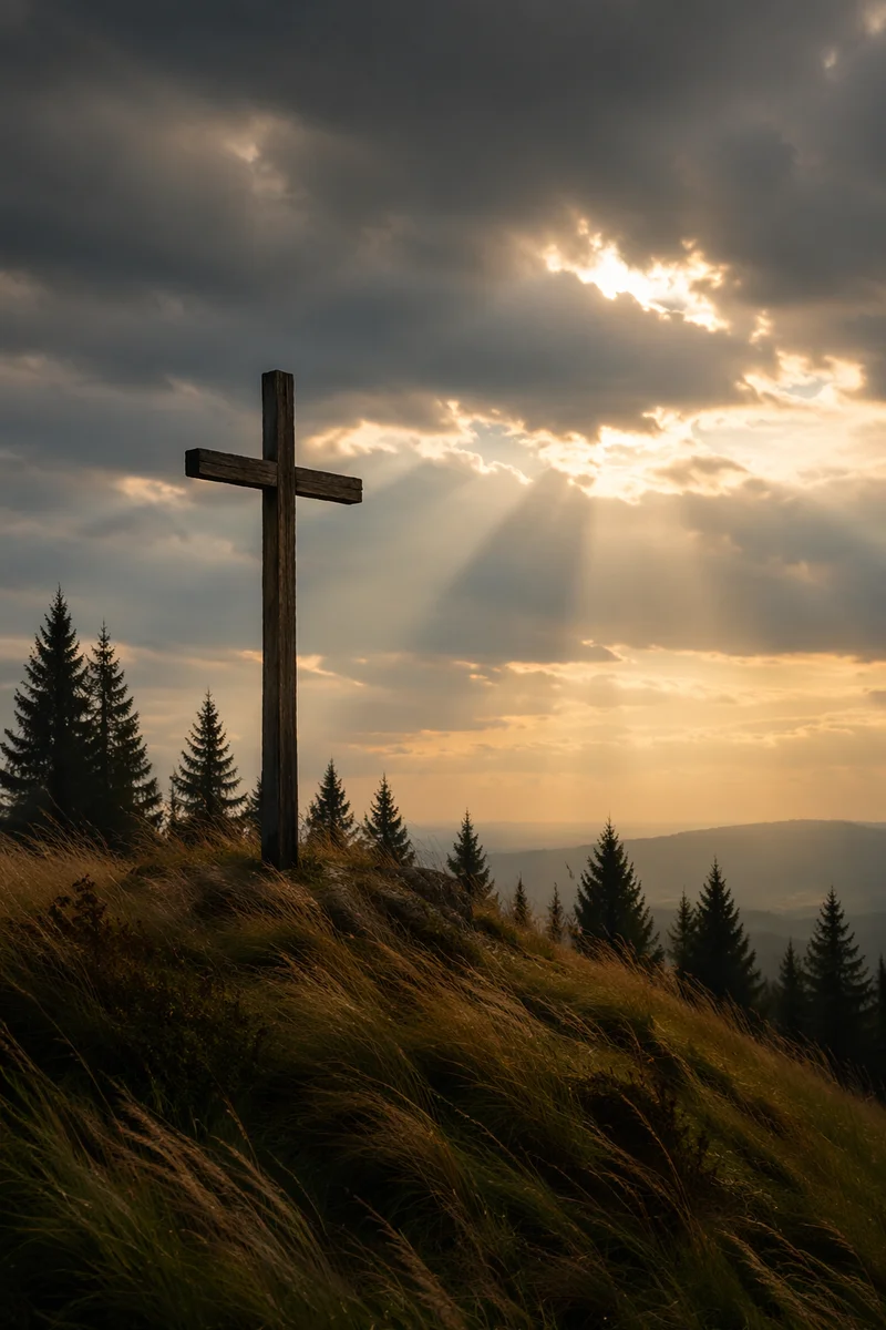 Weathered Wooden Cross Beneath Dramatic Sky