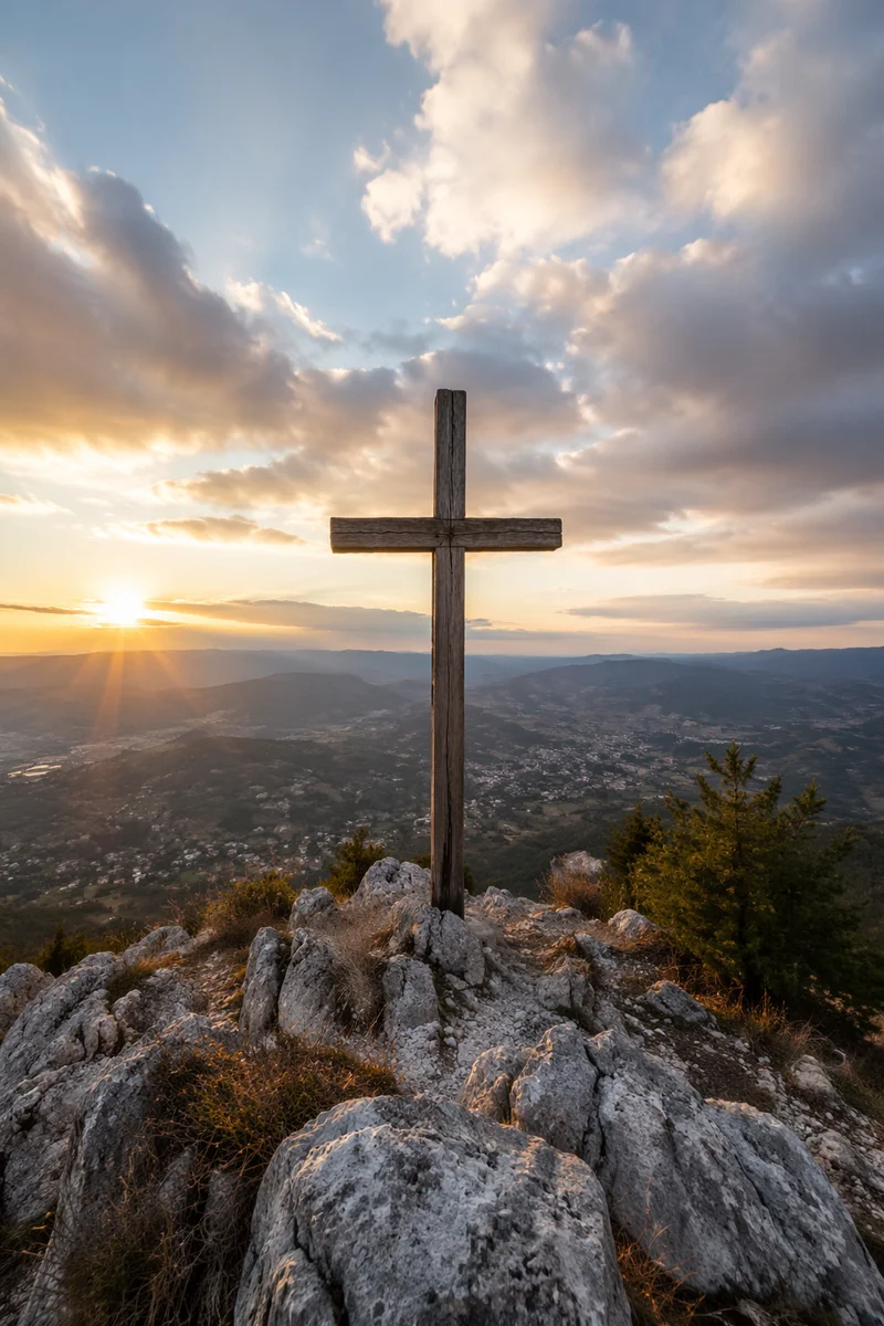Wooden Cross on Hilltop at Sunset