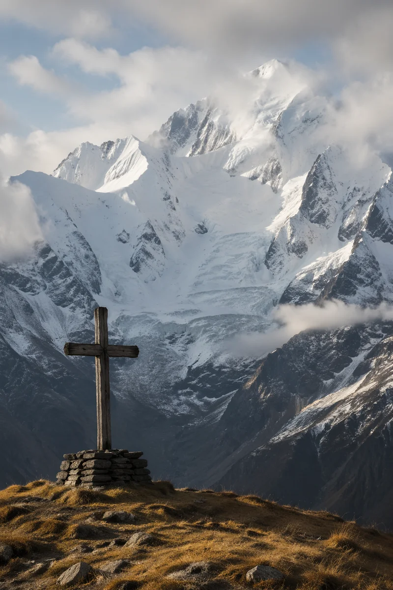 Wooden Cross on Hilltop Under Dramatic Sky