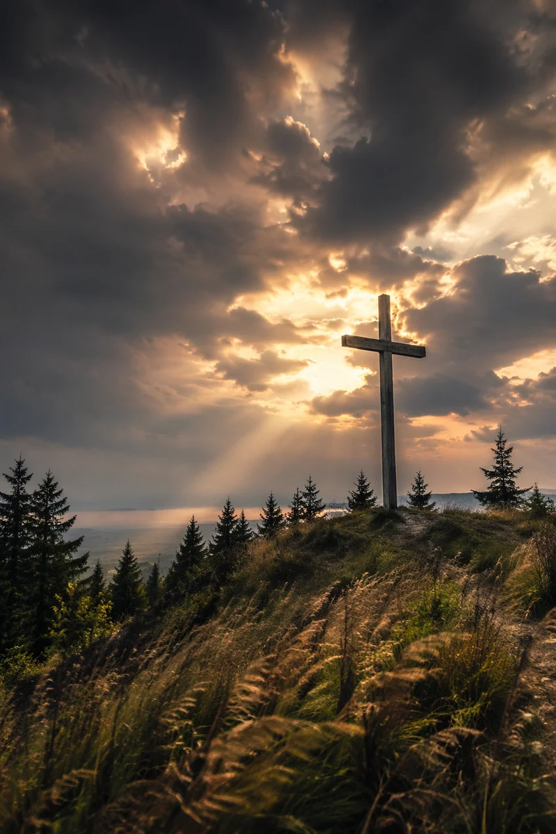 Weathered Cross on Evergreen Hilltop