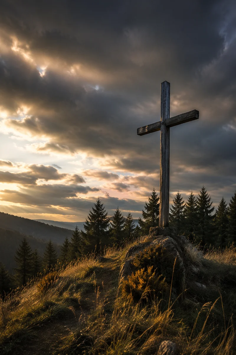 Wooden Cross on Evergreen Hilltop Sky