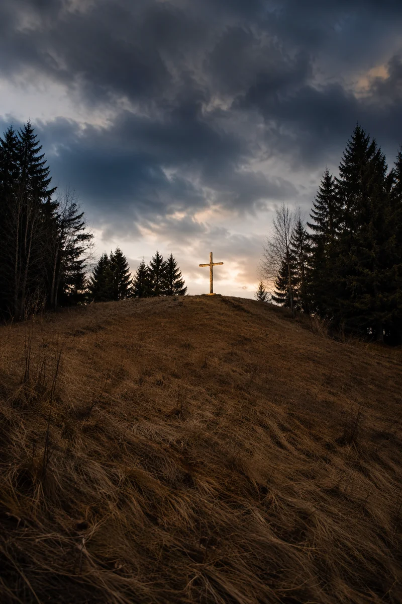 Wooden Cross on Hilltop Under Storm Clouds