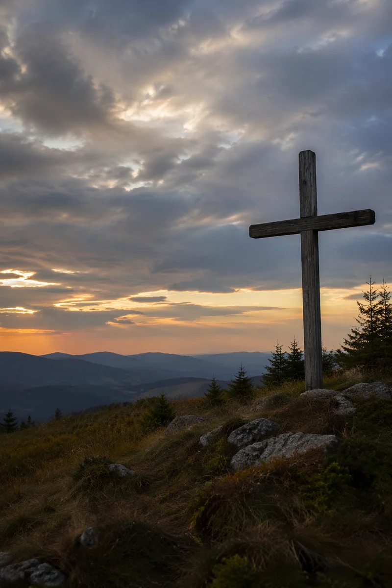 Weathered Wooden Cross on Dramatic Hilltop