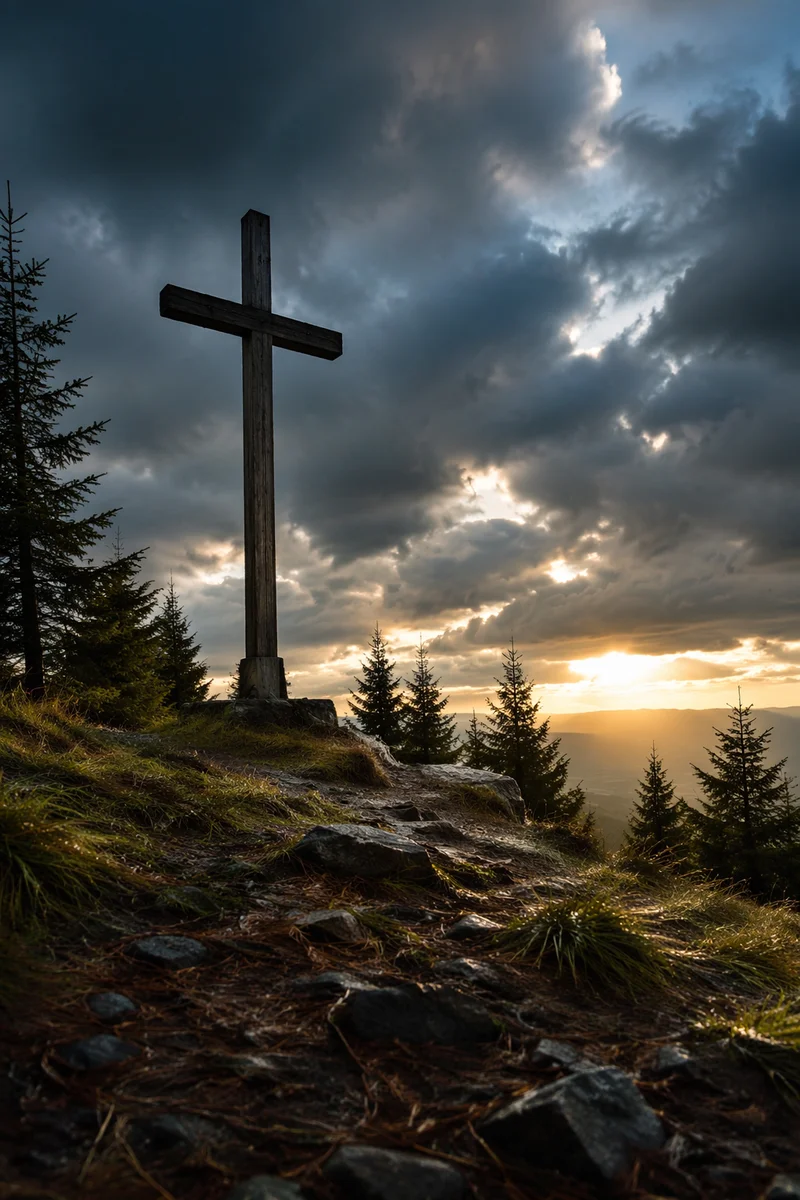Weathered Wooden Cross Beneath Dramatic Evergreen Sky