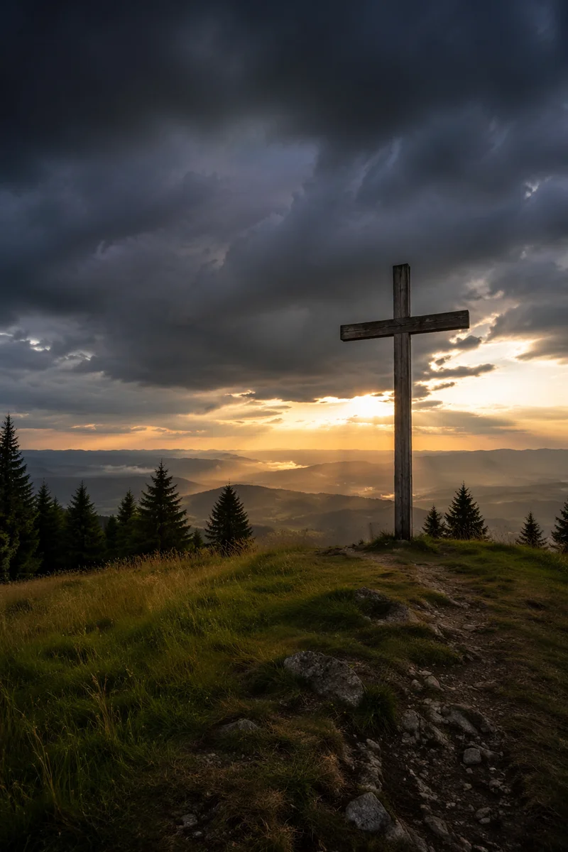 Wooden Cross on Evergreen Hilltop at Sunset