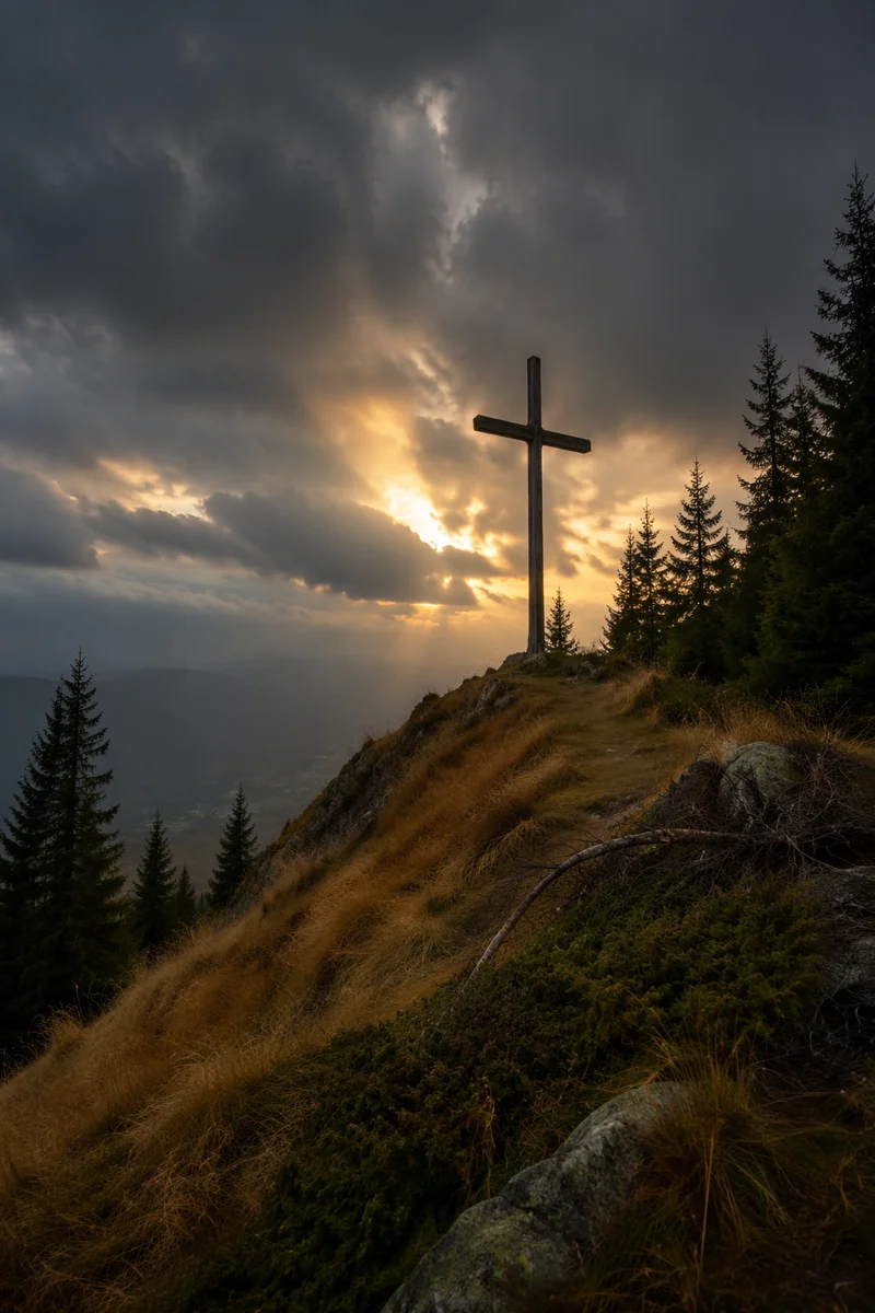 Weathered Cross on Evergreen Hilltop