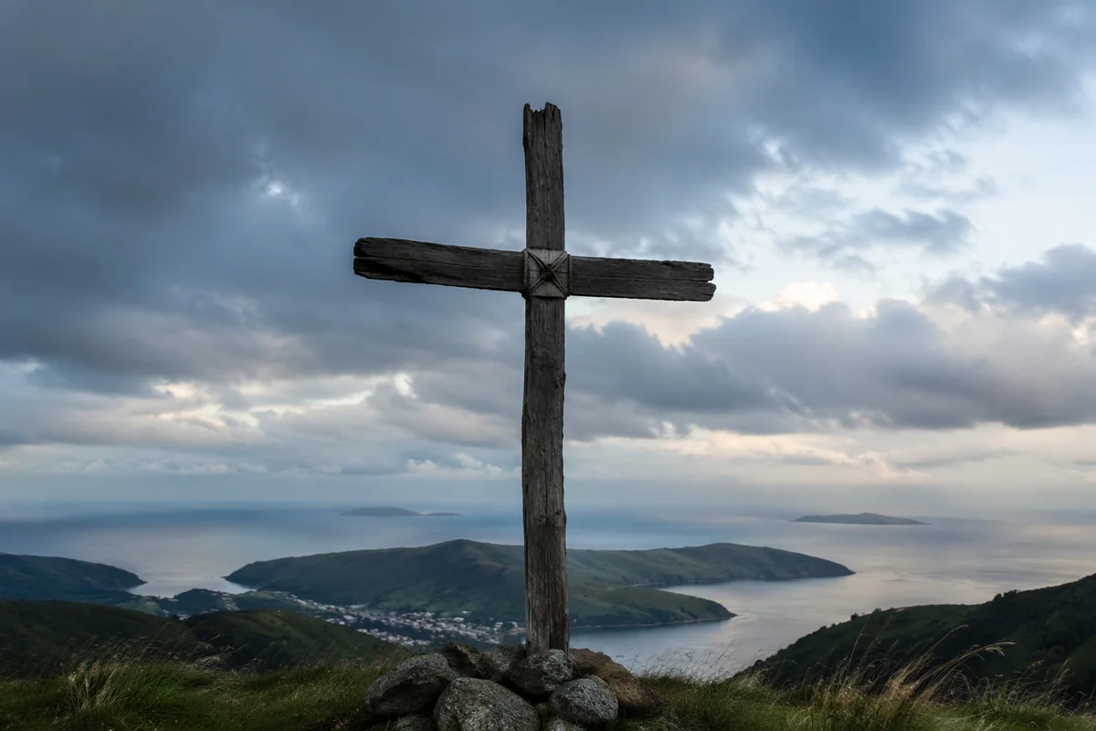Weathered Wooden Cross Above Dramatic Coastal Sky