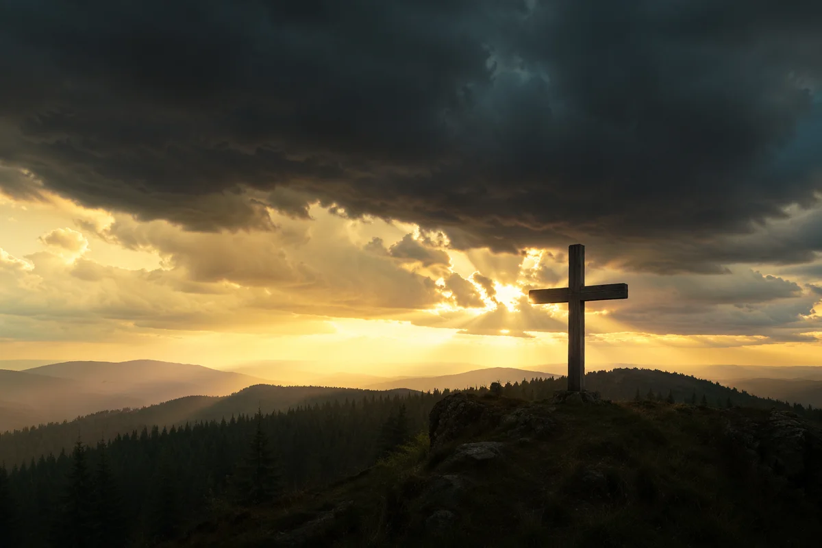 Weathered Cross Above Evergreen Hills at Sunset
