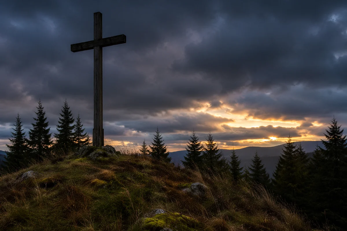 Weathered Cross on Evergreen Hilltop