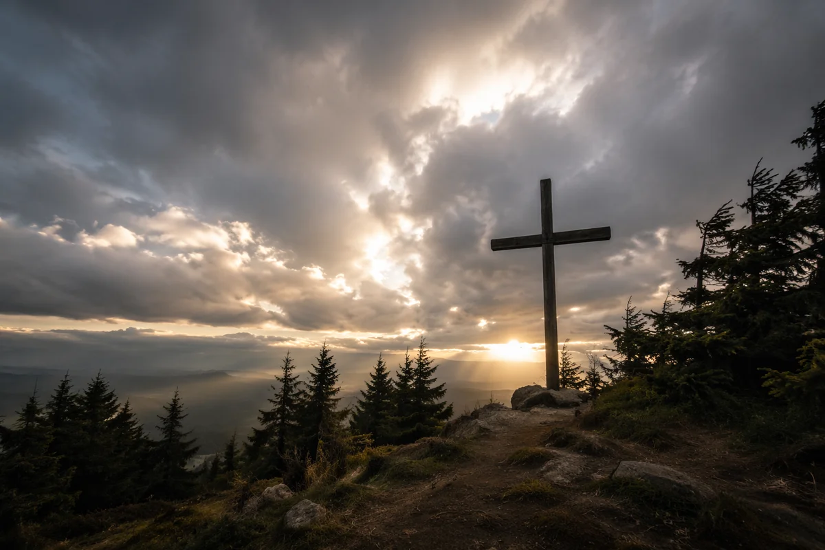 Wooden Cross on Evergreen Hilltop