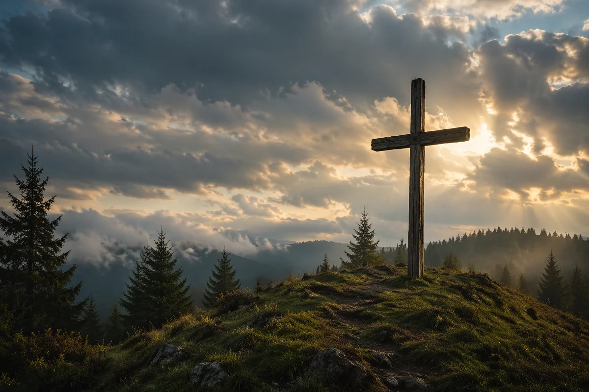 Weathered Wooden Cross on Evergreen Hilltop