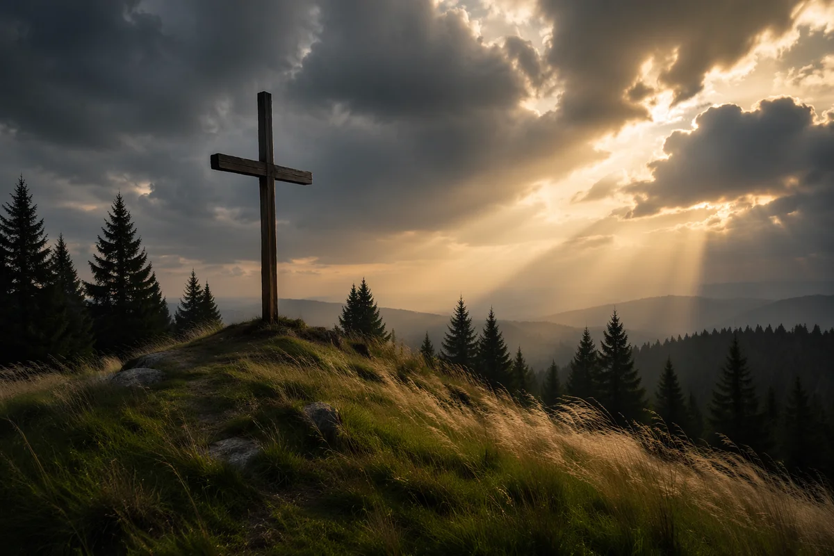 Wooden Cross on Evergreen Hill at Sunset