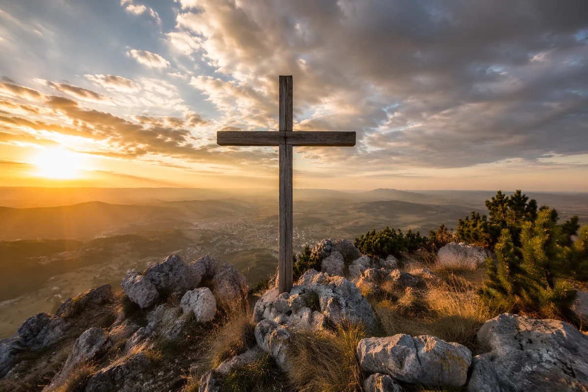 Wooden Cross on Hilltop at Sunset