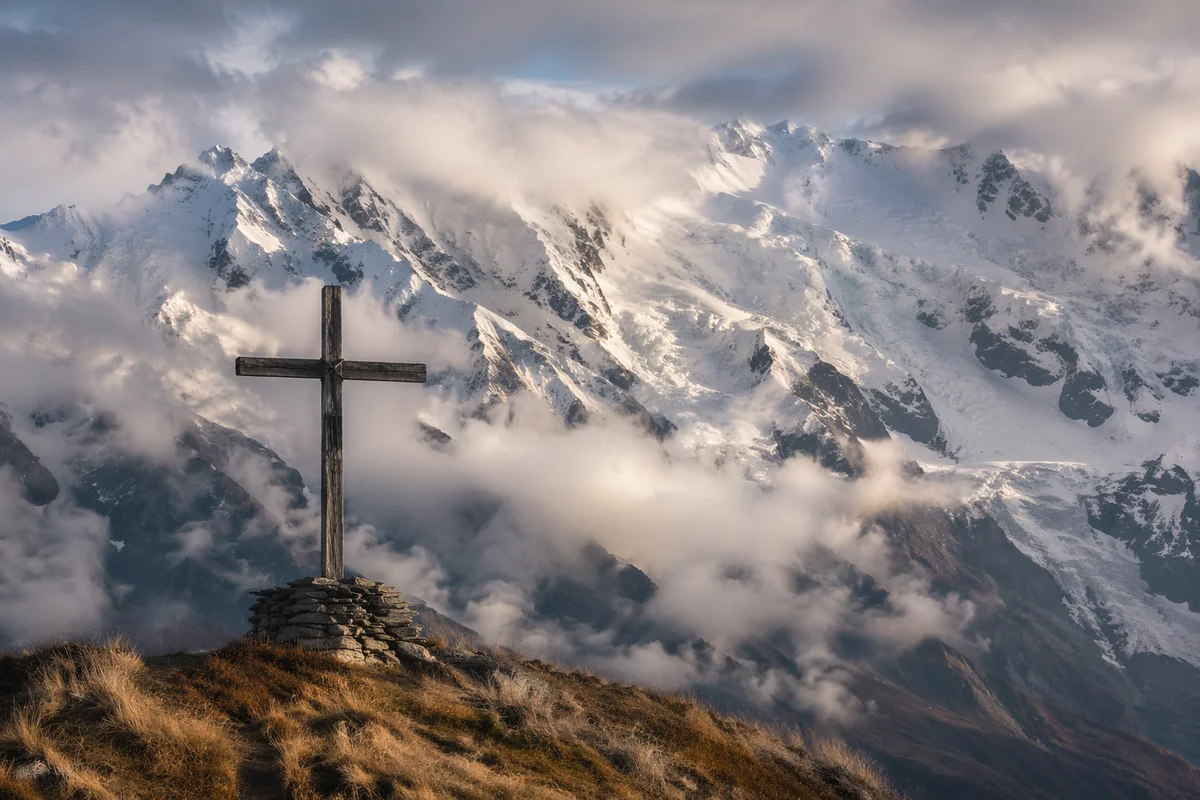 Wooden Cross on Alpine Hilltop