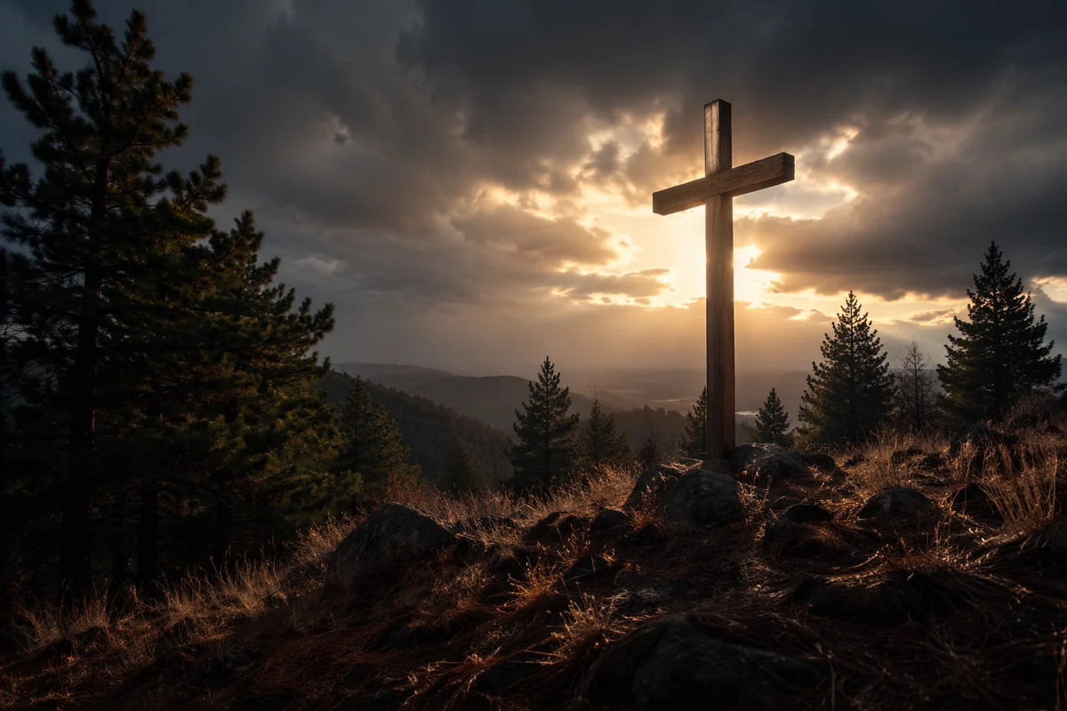 Wooden Cross on Evergreen Hilltop at Sunrise