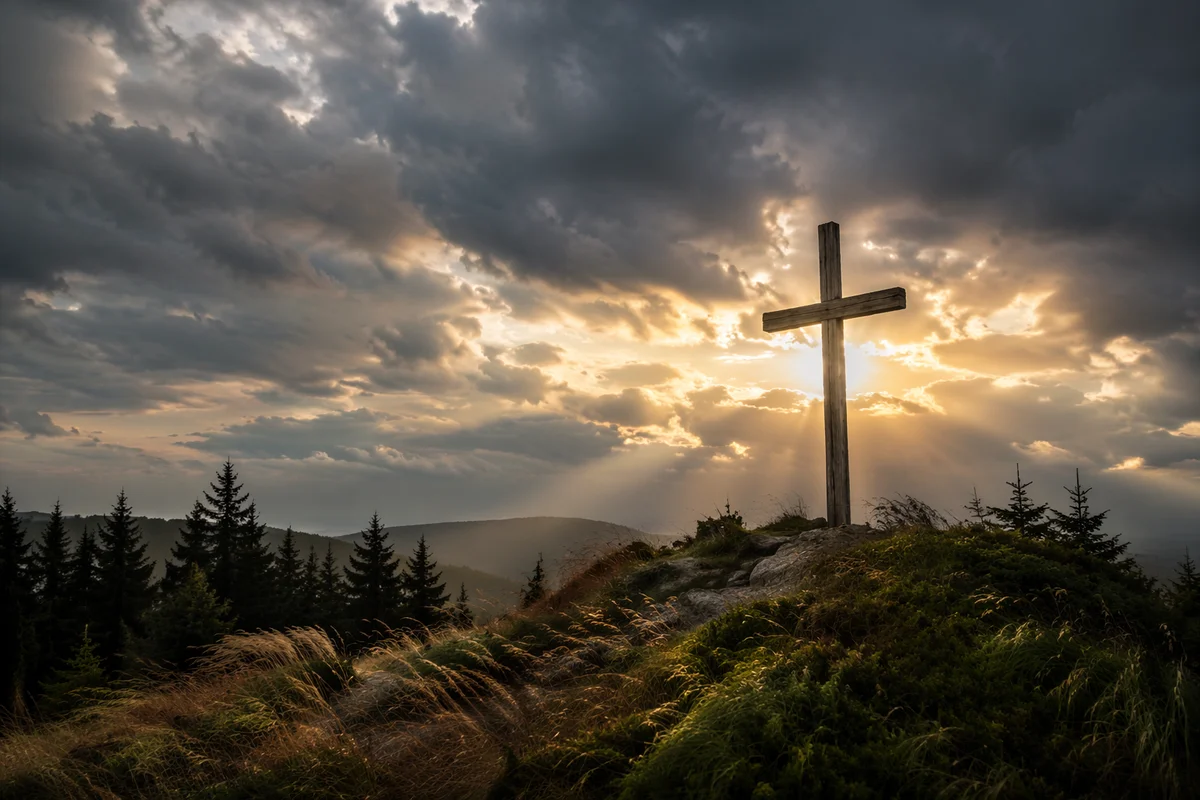 Weathered Wooden Cross Under Dramatic Evergreen Sky