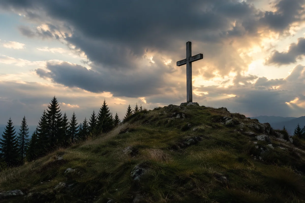 Weathered Wooden Cross Under Dramatic Evening Sky