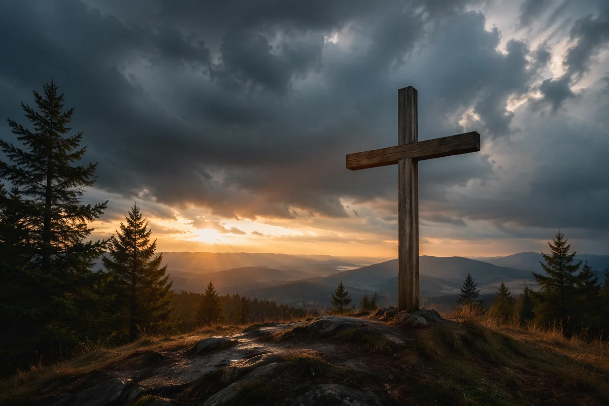 Wooden Cross on Stormlit Evergreen Hilltop